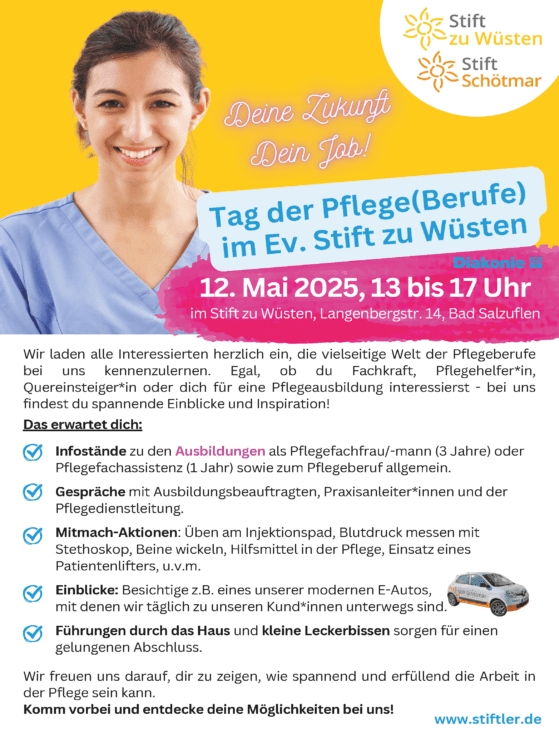 Tag der Pflege(Berufe) am 12. Mai 2025 von 13.00 bis 17.00 Uhr im Ev. Stift zu Wüsten 1