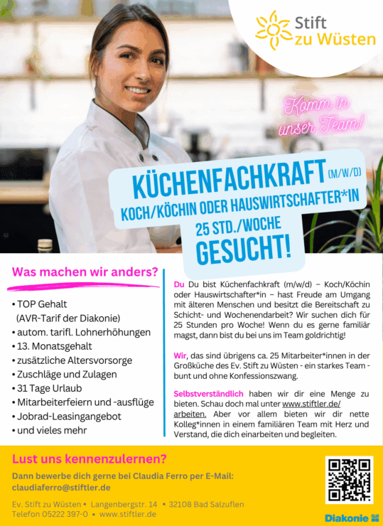 Küchenfachkraft (m/w/d) (Koch/Köchin oder Hauswirtschafter*in) für 25 Std./Woche gesucht! 1